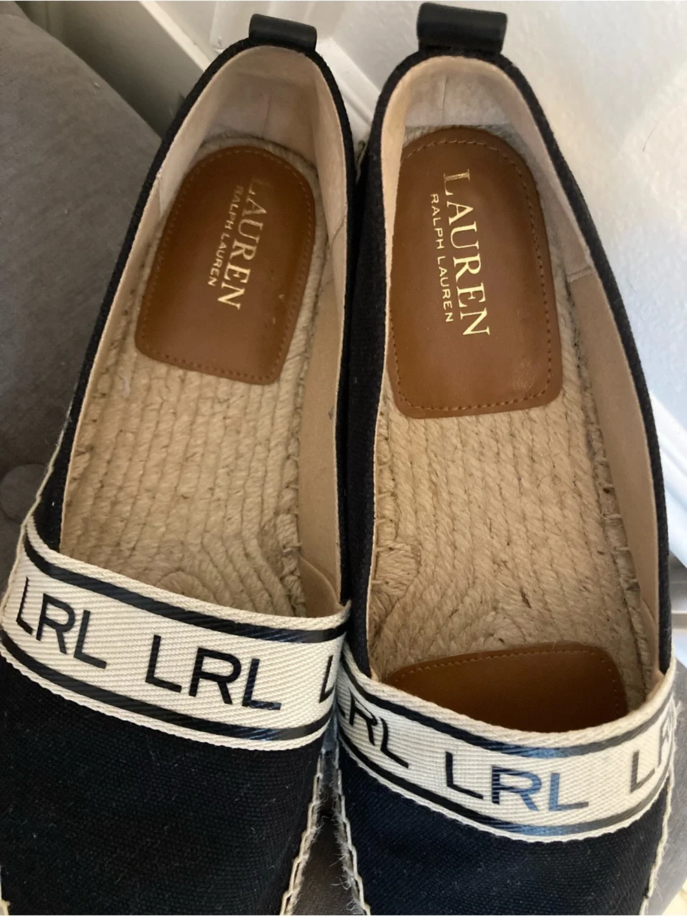 Lauren Ralph Lauren Black Canvas Espadrille Flats with Natural Jute Trim